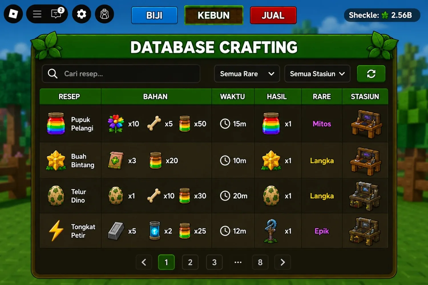 Database crafting Grow a Garden menampilkan resep, bahan, waktu, hasil, dan stasiun crafting