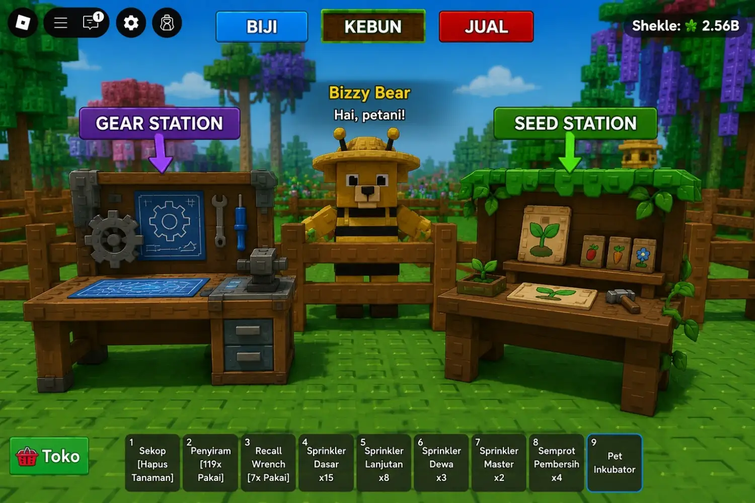 Stasiun crafting Grow a Garden di dekat Bizzy Bear dengan meja gear dan benih