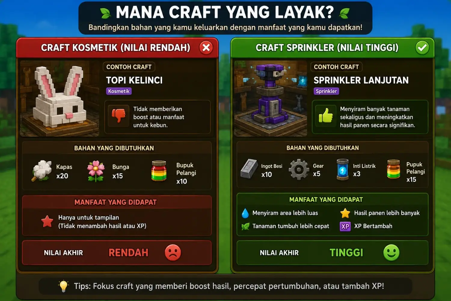 Perbandingan craft kosmetik dan sprinkler Grow a Garden berdasarkan bahan dan manfaat