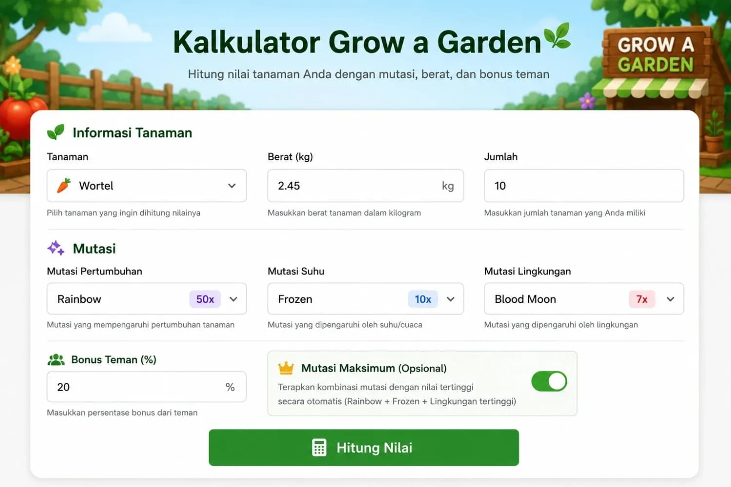 Antarmuka Kalkulator Grow a Garden dengan input tanaman, berat (kg), jumlah, dan mutasi