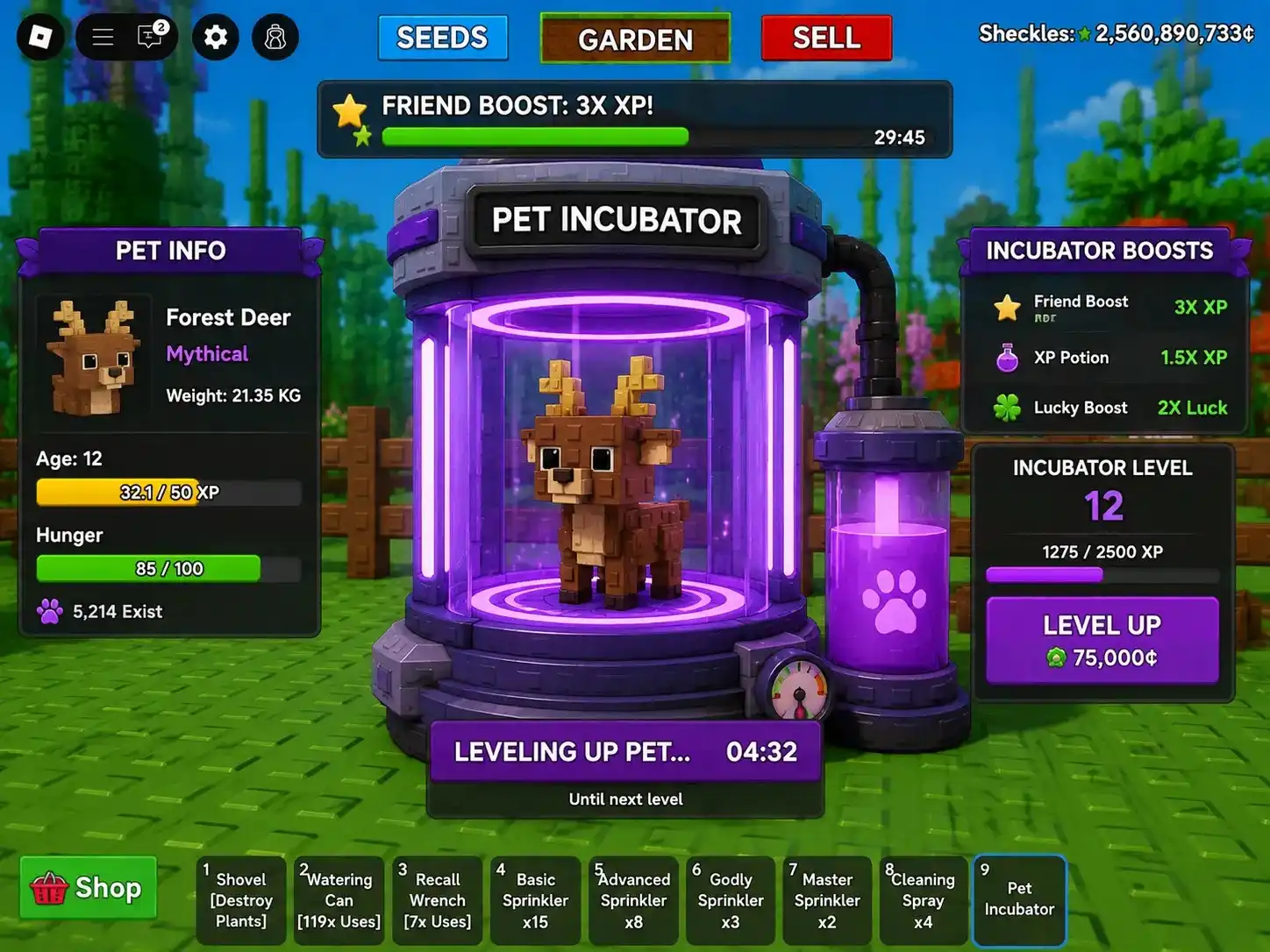 Pet Incubator Grow a Garden menampilkan progres level, bonus XP, dan pet yang sedang dilatih