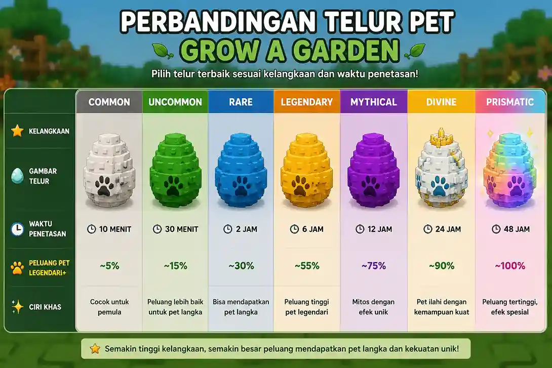 Perbandingan telur pet berdasarkan kelangkaan dan waktu menetas Perbandingan telur pet Grow a Garden berdasarkan kelangkaan dan waktu penetasan