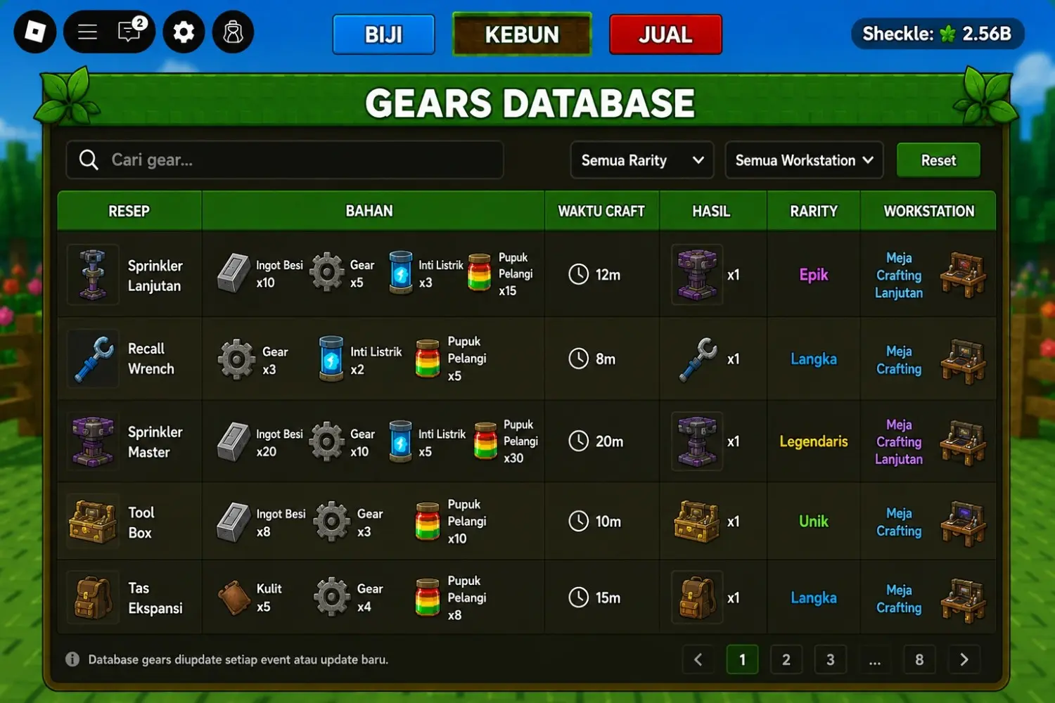 Tampilan database gear dengan kolom resep, bahan, waktu, hasil, rarity, dan workstation Database gear Grow a Garden menampilkan resep, bahan, waktu crafting, hasil, dan rarity