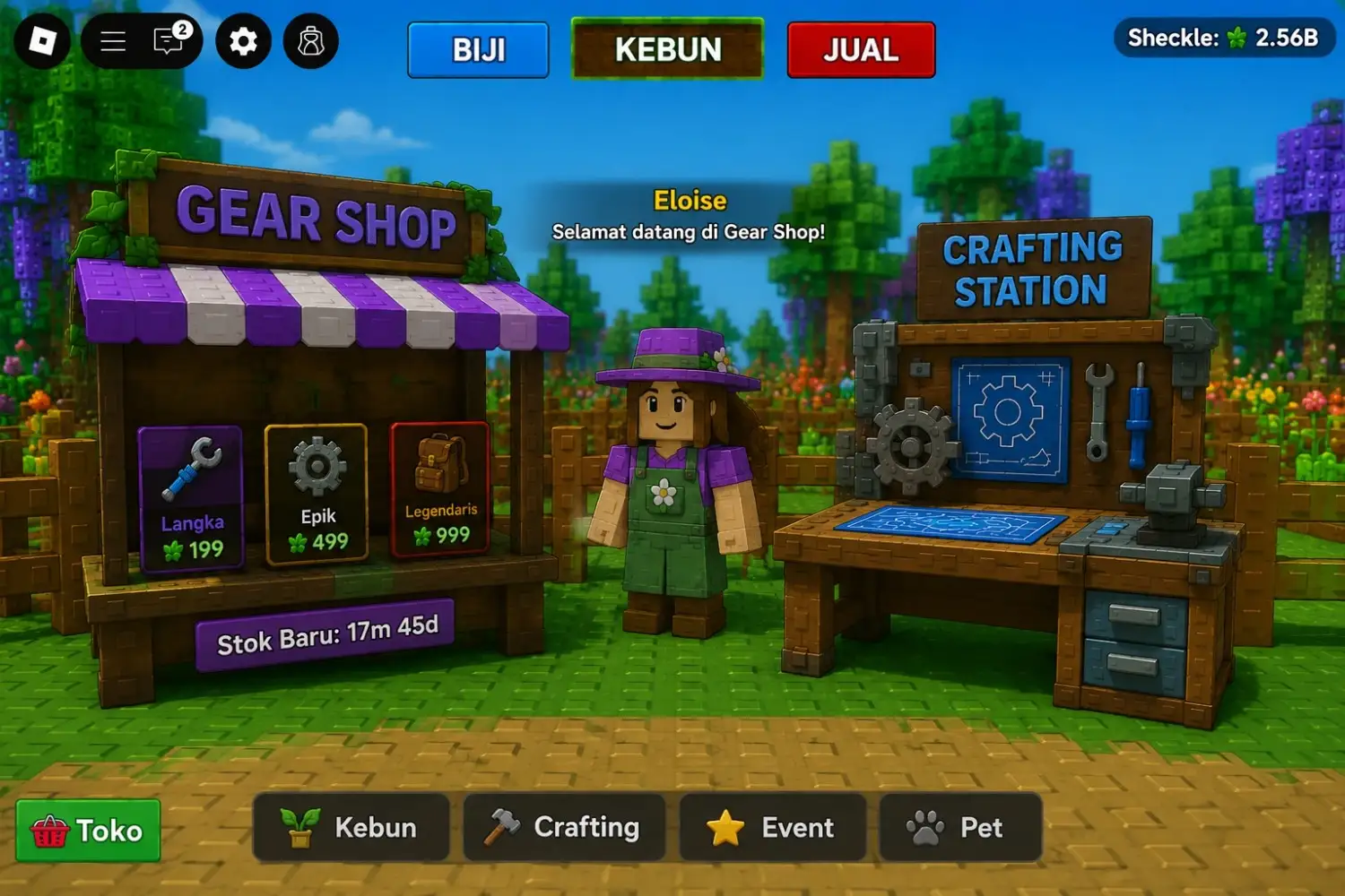 Gear Shop milik Eloise di samping Crafting Station Lokasi Gear Shop, Eloise, dan Crafting Station di Grow a Garden.