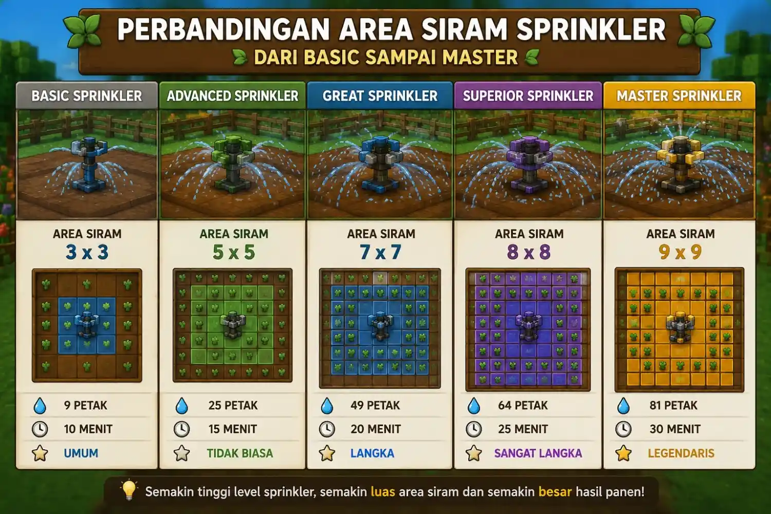 Perbandingan area siram sprinkler dari Basic sampai Master Perbandingan area siram sprinkler Grow a Garden dari Basic hingga Master.