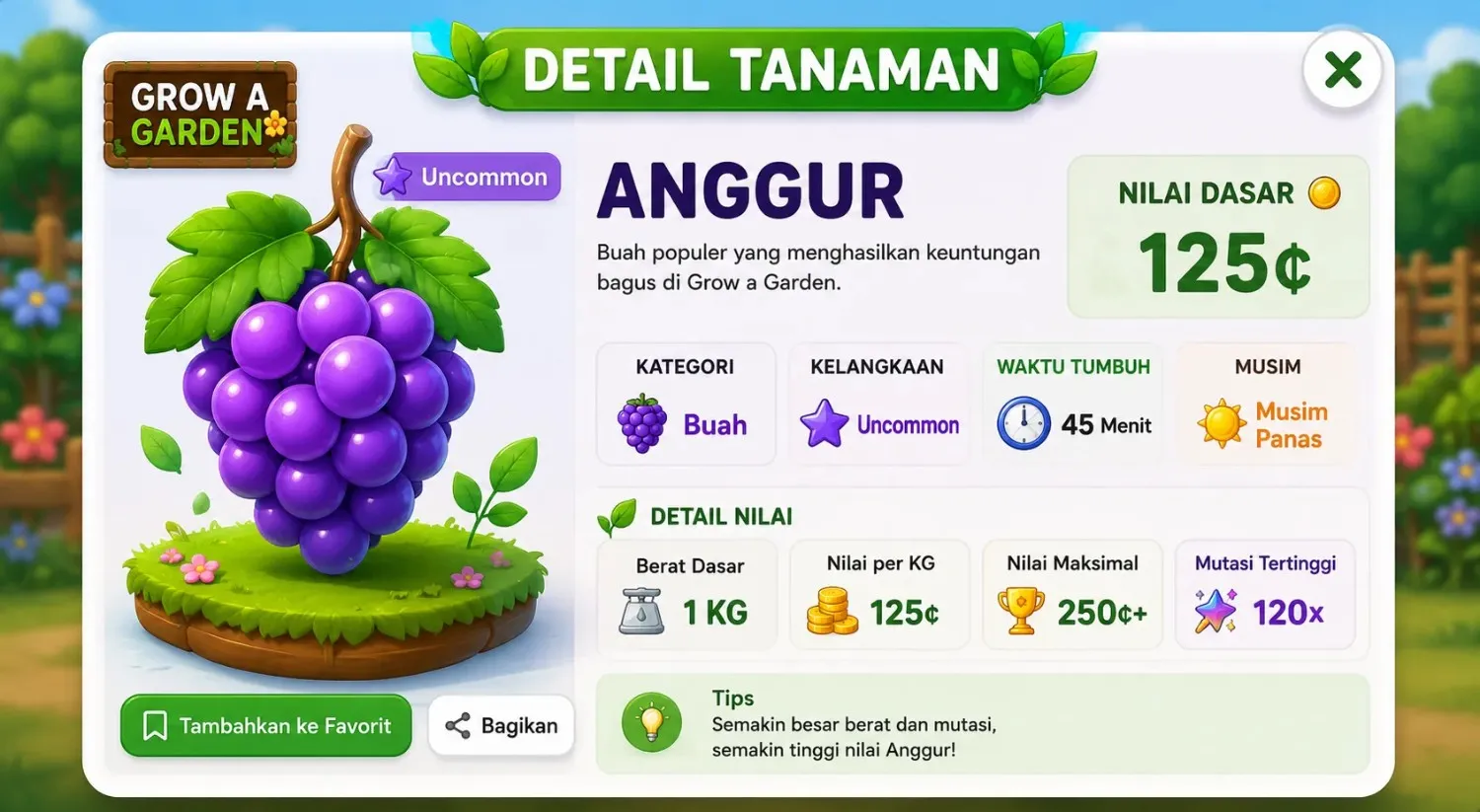 Contoh kartu detail tanaman: Anggur Kartu detail tanaman Grow a Garden menampilkan nilai dasar, kelangkaan, dan kategori